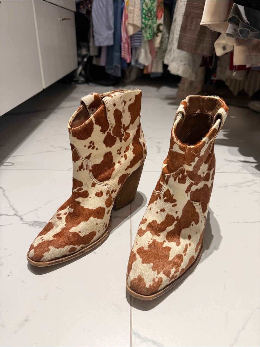 Chinese Laundry Cowhide Ankle Boots in Brown & White